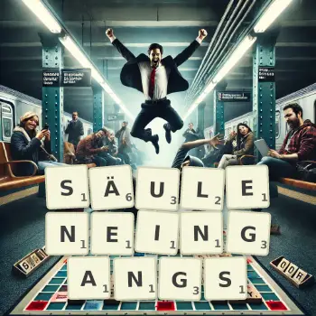 Kreative Illustration für ein Scrabble-Spiel, bei dem das Wort SÄULENEINGANGS mit Steinen auf dem Brett gelegt wurde.