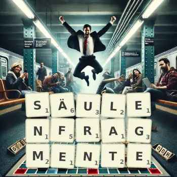Kreative Illustration für ein Scrabble-Spiel, bei dem das Wort SÄULENFRAGMENTE mit Steinen auf dem Brett gelegt wurde.