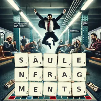 Kreative Illustration für ein Scrabble-Spiel, bei dem das Wort SÄULENFRAGMENTS mit Steinen auf dem Brett gelegt wurde.