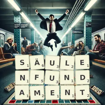 Kreative Illustration für ein Scrabble-Spiel, bei dem das Wort SÄULENFUNDAMENT mit Steinen auf dem Brett gelegt wurde.