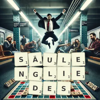 Kreative Illustration für ein Scrabble-Spiel, bei dem das Wort SÄULENGLIEDES mit Steinen auf dem Brett gelegt wurde.