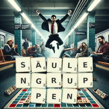 Kreative Illustration für ein Scrabble-Spiel, bei dem das Wort SÄULENGRUPPEN mit Steinen auf dem Brett gelegt wurde.