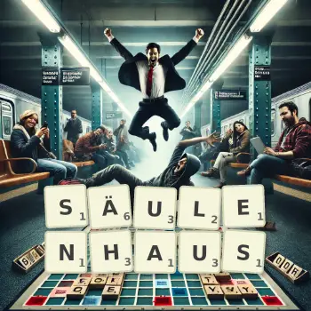 Kreative Illustration für ein Scrabble-Spiel, bei dem das Wort SÄULENHAUS mit Steinen auf dem Brett gelegt wurde.