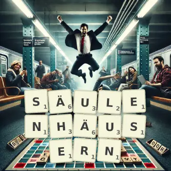 Kreative Illustration für ein Scrabble-Spiel, bei dem das Wort SÄULENHÄUSERN mit Steinen auf dem Brett gelegt wurde.