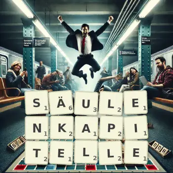 Kreative Illustration für ein Scrabble-Spiel, bei dem das Wort SÄULENKAPITELLE mit Steinen auf dem Brett gelegt wurde.