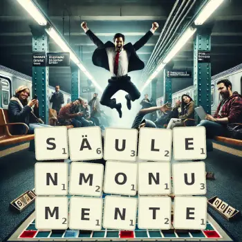 Kreative Illustration für ein Scrabble-Spiel, bei dem das Wort SÄULENMONUMENTE mit Steinen auf dem Brett gelegt wurde.