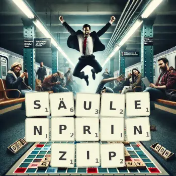 Kreative Illustration für ein Scrabble-Spiel, bei dem das Wort SÄULENPRINZIP mit Steinen auf dem Brett gelegt wurde.