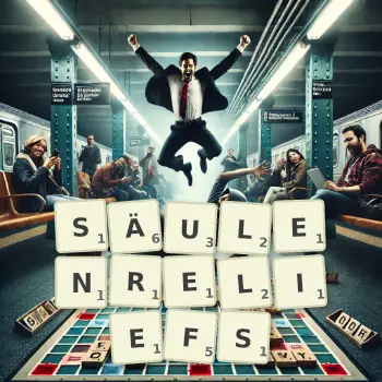 Kreative Illustration für ein Scrabble-Spiel, bei dem das Wort SÄULENRELIEFS mit Steinen auf dem Brett gelegt wurde.