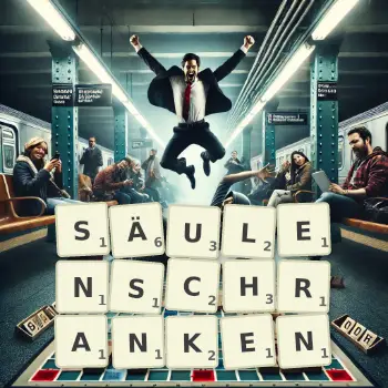 Kreative Illustration für ein Scrabble-Spiel, bei dem das Wort SÄULENSCHRANKEN mit Steinen auf dem Brett gelegt wurde.