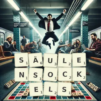 Kreative Illustration für ein Scrabble-Spiel, bei dem das Wort SÄULENSOCKELS mit Steinen auf dem Brett gelegt wurde.