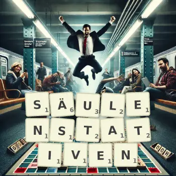 Kreative Illustration für ein Scrabble-Spiel, bei dem das Wort SÄULENSTATIVEN mit Steinen auf dem Brett gelegt wurde.