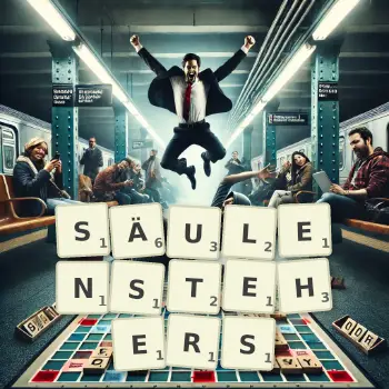 Kreative Illustration für ein Scrabble-Spiel, bei dem das Wort SÄULENSTEHERS mit Steinen auf dem Brett gelegt wurde.