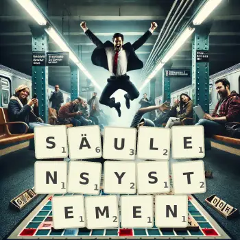 Kreative Illustration für ein Scrabble-Spiel, bei dem das Wort SÄULENSYSTEMEN mit Steinen auf dem Brett gelegt wurde.