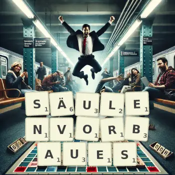 Kreative Illustration für ein Scrabble-Spiel, bei dem das Wort SÄULENVORBAUES mit Steinen auf dem Brett gelegt wurde.