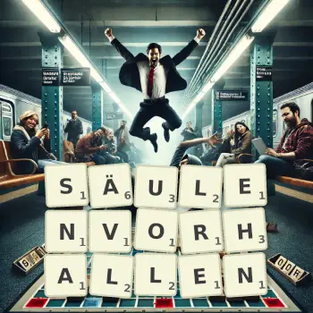 Kreative Illustration für ein Scrabble-Spiel, bei dem das Wort SÄULENVORHALLEN mit Steinen auf dem Brett gelegt wurde.