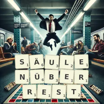 Kreative Illustration für ein Scrabble-Spiel, bei dem das Wort SÄULENÜBERREST mit Steinen auf dem Brett gelegt wurde.