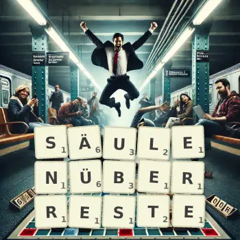 Kreative Illustration für ein Scrabble-Spiel, bei dem das Wort SÄULENÜBERRESTE mit Steinen auf dem Brett gelegt wurde.