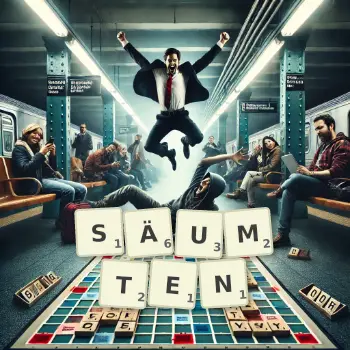 Kreative Illustration für ein Scrabble-Spiel, bei dem das Wort SÄUMTEN mit Steinen auf dem Brett gelegt wurde.