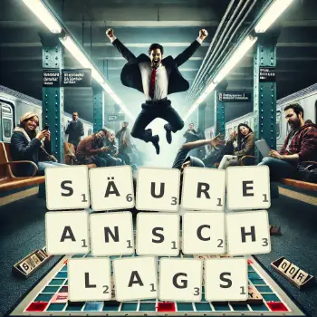 Kreative Illustration für ein Scrabble-Spiel, bei dem das Wort SÄUREANSCHLAGS mit Steinen auf dem Brett gelegt wurde.