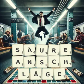 Kreative Illustration für ein Scrabble-Spiel, bei dem das Wort SÄUREANSCHLÄGE mit Steinen auf dem Brett gelegt wurde.
