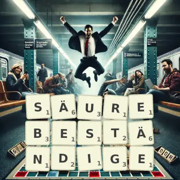 Kreative Illustration für ein Scrabble-Spiel, bei dem das Wort SÄUREBESTÄNDIGE mit Steinen auf dem Brett gelegt wurde.