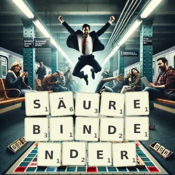 Kreative Illustration für ein Scrabble-Spiel, bei dem das Wort SÄUREBINDENDER mit Steinen auf dem Brett gelegt wurde.