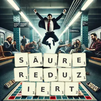 Kreative Illustration für ein Scrabble-Spiel, bei dem das Wort SÄUREREDUZIERT mit Steinen auf dem Brett gelegt wurde.