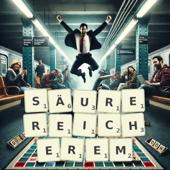Kreative Illustration für ein Scrabble-Spiel, bei dem das Wort SÄUREREICHEREM mit Steinen auf dem Brett gelegt wurde.