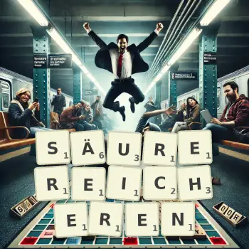 Kreative Illustration für ein Scrabble-Spiel, bei dem das Wort SÄUREREICHEREN mit Steinen auf dem Brett gelegt wurde.
