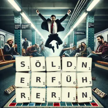 Kreative Illustration für ein Scrabble-Spiel, bei dem das Wort SÖLDNERFÜHRERIN mit Steinen auf dem Brett gelegt wurde.