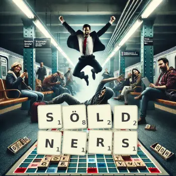 Kreative Illustration für ein Scrabble-Spiel, bei dem das Wort SÖLDNERS mit Steinen auf dem Brett gelegt wurde.