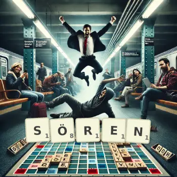 Kreative Illustration für ein Scrabble-Spiel, bei dem das Wort SÖREN mit Steinen auf dem Brett gelegt wurde.