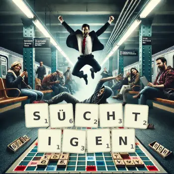 Kreative Illustration für ein Scrabble-Spiel, bei dem das Wort SÜCHTIGEN mit Steinen auf dem Brett gelegt wurde.