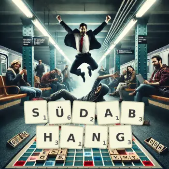 Kreative Illustration für ein Scrabble-Spiel, bei dem das Wort SÜDABHANG mit Steinen auf dem Brett gelegt wurde.