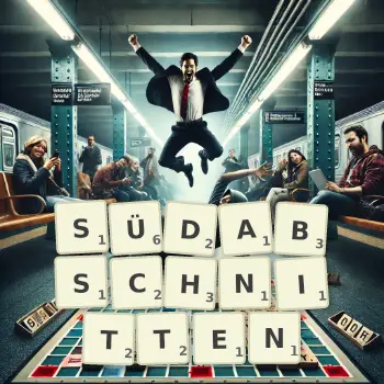 Kreative Illustration für ein Scrabble-Spiel, bei dem das Wort SÜDABSCHNITTEN mit Steinen auf dem Brett gelegt wurde.