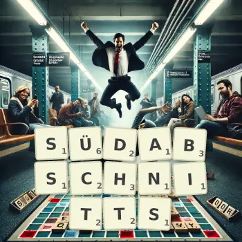 Kreative Illustration für ein Scrabble-Spiel, bei dem das Wort SÜDABSCHNITTS mit Steinen auf dem Brett gelegt wurde.