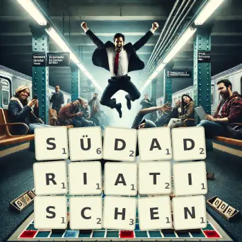 Kreative Illustration für ein Scrabble-Spiel, bei dem das Wort SÜDADRIATISCHEN mit Steinen auf dem Brett gelegt wurde.