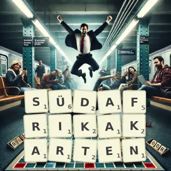 Kreative Illustration für ein Scrabble-Spiel, bei dem das Wort SÜDAFRIKAKARTEN mit Steinen auf dem Brett gelegt wurde.