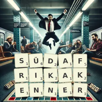 Kreative Illustration für ein Scrabble-Spiel, bei dem das Wort SÜDAFRIKAKENNER mit Steinen auf dem Brett gelegt wurde.