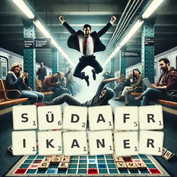 Kreative Illustration für ein Scrabble-Spiel, bei dem das Wort SÜDAFRIKANER mit Steinen auf dem Brett gelegt wurde.