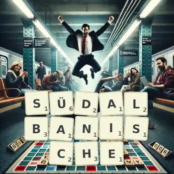 Kreative Illustration für ein Scrabble-Spiel, bei dem das Wort SÜDALBANISCHE mit Steinen auf dem Brett gelegt wurde.