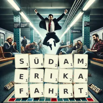 Kreative Illustration für ein Scrabble-Spiel, bei dem das Wort SÜDAMERIKAFAHRT mit Steinen auf dem Brett gelegt wurde.