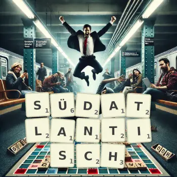 Kreative Illustration für ein Scrabble-Spiel, bei dem das Wort SÜDATLANTISCH mit Steinen auf dem Brett gelegt wurde.