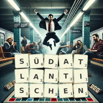 Kreative Illustration für ein Scrabble-Spiel, bei dem das Wort SÜDATLANTISCHEN mit Steinen auf dem Brett gelegt wurde.