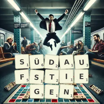 Kreative Illustration für ein Scrabble-Spiel, bei dem das Wort SÜDAUFSTIEGEN mit Steinen auf dem Brett gelegt wurde.