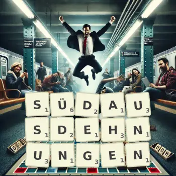 Kreative Illustration für ein Scrabble-Spiel, bei dem das Wort SÜDAUSDEHNUNGEN mit Steinen auf dem Brett gelegt wurde.