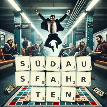 Kreative Illustration für ein Scrabble-Spiel, bei dem das Wort SÜDAUSFAHRTEN mit Steinen auf dem Brett gelegt wurde.