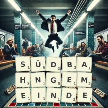 Kreative Illustration für ein Scrabble-Spiel, bei dem das Wort SÜDBAHNGEMEINDE mit Steinen auf dem Brett gelegt wurde.