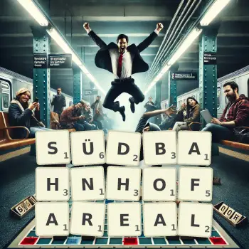 Kreative Illustration für ein Scrabble-Spiel, bei dem das Wort SÜDBAHNHOFAREAL mit Steinen auf dem Brett gelegt wurde.