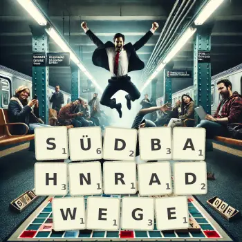Kreative Illustration für ein Scrabble-Spiel, bei dem das Wort SÜDBAHNRADWEGE mit Steinen auf dem Brett gelegt wurde.